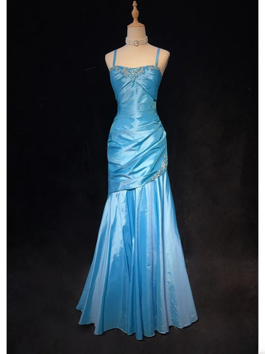 Charming Prom Dress Blue Spaghetti Straps Pleated Mermaid Evening Dress Gala Dress Party Dress D2906