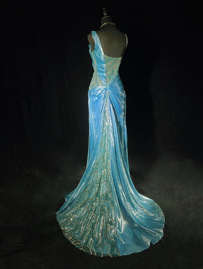 Shiny Prom Dress Asymmetrical Neck Pleated Evening Dress Gala Dress Party Dress    D2915