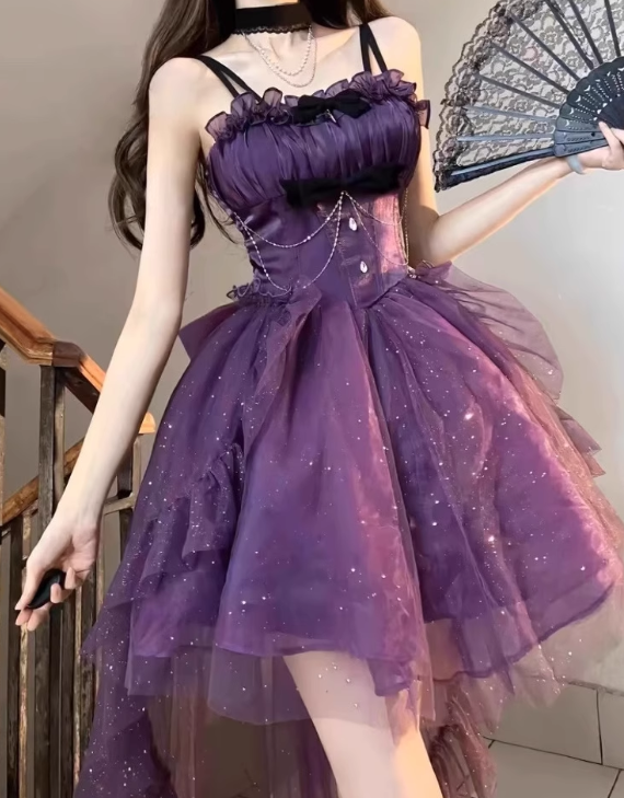 Stunning Homecoming Dress Purple Spaghetti Straps Ruffle Tulle Birthday Party Dress Short Prom Dress Cocktail Dress   D2928