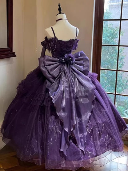 Beauty Prom Dress Purple Spaghetti Straps Pleated Tulle Ball Gown Evening Dress Quinceanera Dress  D2930
