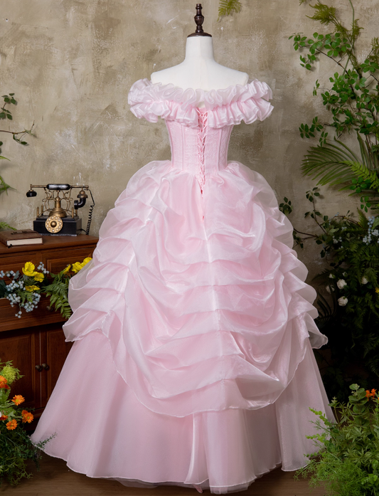 Sweet Prom Dress Pink Off Shoulder Ruffle Pleated Ball Gown Quinceanera Dress Princess Dresses D2938