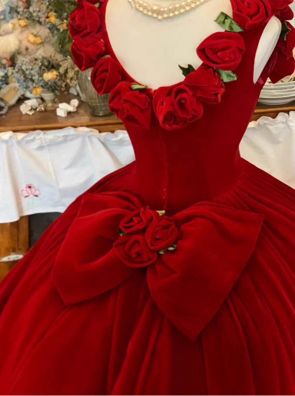 Cute Prom Dress Red Crew Neck Ruffle Pleated Ball Gown Quinceanera Dress Princess Dresses  D2939