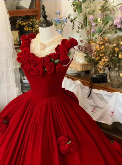 Cute Prom Dress Red Crew Neck Ruffle Pleated Ball Gown Quinceanera Dress Princess Dresses  D2939