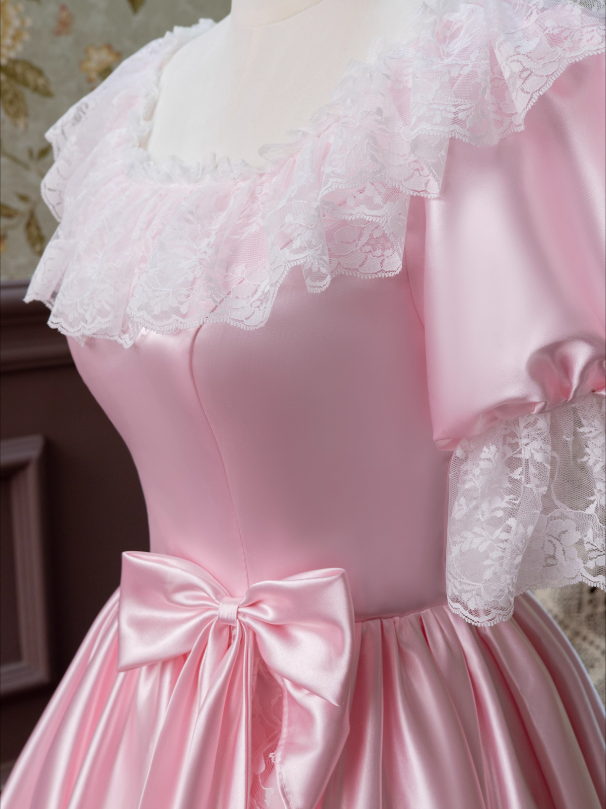Stunning Prom Dress Pink Square Neck Pleated Lace Evening Dress16th Dress   D2943