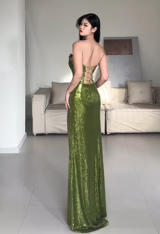 Shiny Prom Dress Green Strapless Pleated Slit Evening Dress Gala Dress Party Dress   D2944