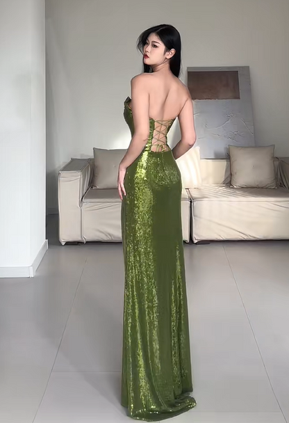 Shiny Prom Dress Green Strapless Pleated Slit Evening Dress Gala Dress Party Dress   D2944
