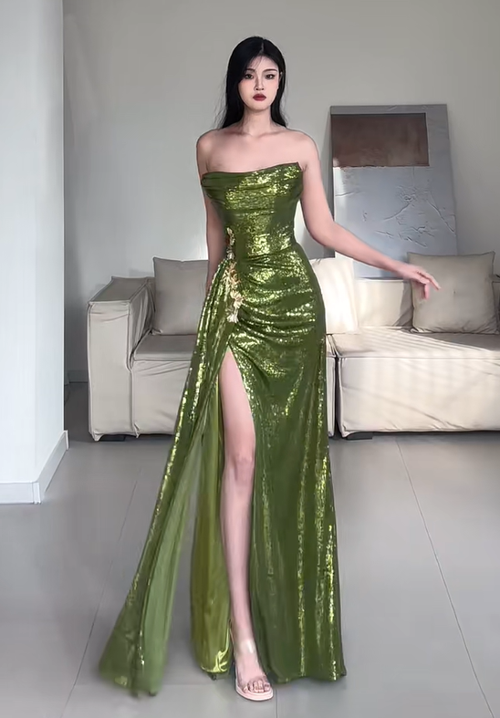 Shiny Prom Dress Green Strapless Pleated Slit Evening Dress Gala Dress Party Dress   D2944