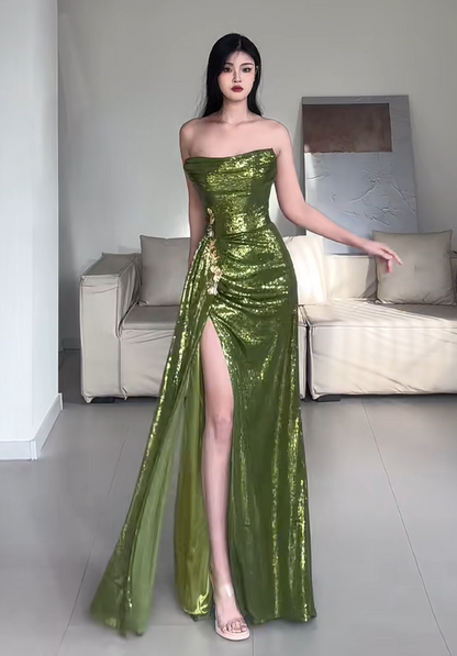 Shiny Prom Dress Green Strapless Pleated Slit Evening Dress Gala Dress Party Dress   D2944