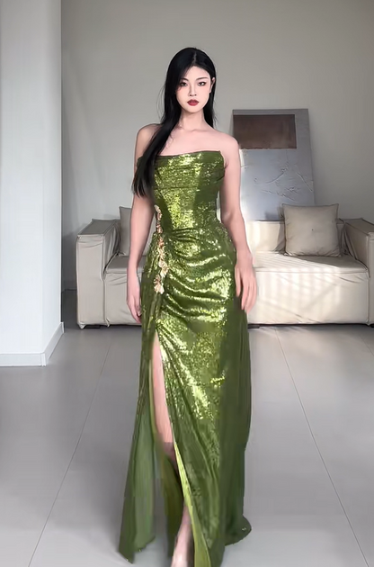 Shiny Prom Dress Green Strapless Pleated Slit Evening Dress Gala Dress Party Dress   D2944