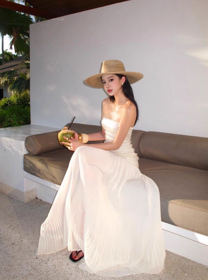 Shiny Women Dress Strapless Pleated Party Dress Summer Date Dress Vacation Dress    D2955
