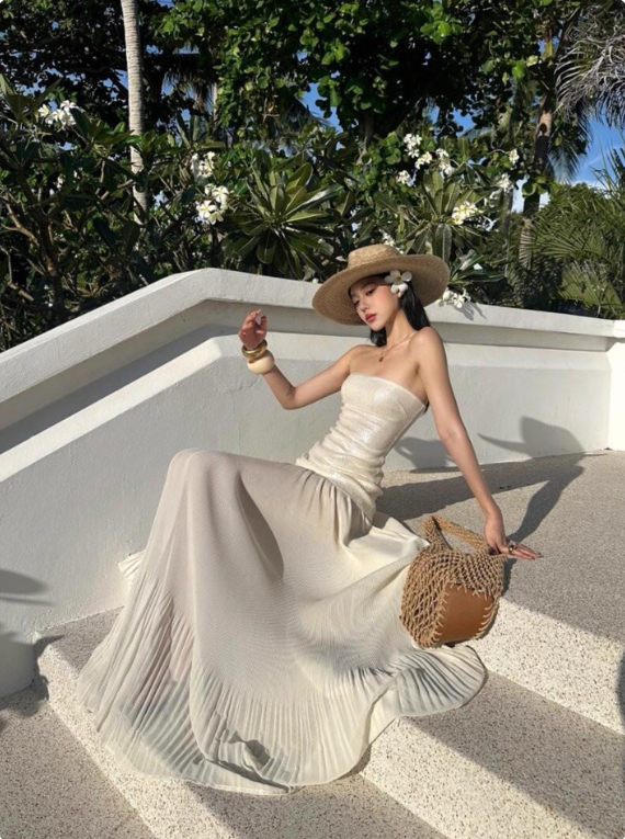 Shiny Women Dress Strapless Pleated Party Dress Summer Date Dress Vacation Dress    D2955