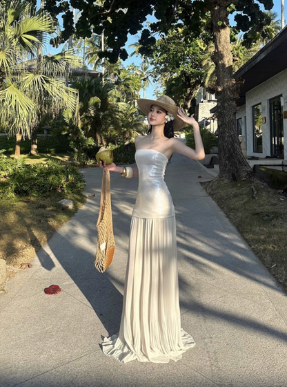Shiny Women Dress Strapless Pleated Party Dress Summer Date Dress Vacation Dress    D2955