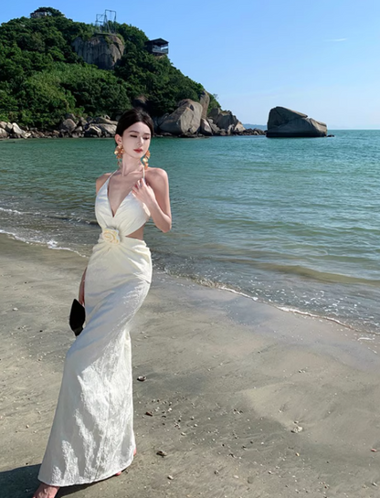 Elegant Women Dress Halter Backless Summer Seaside Dress Vacation Date Dress   D2961