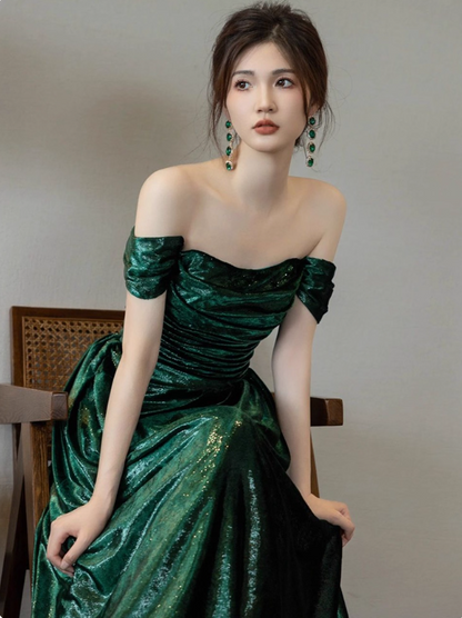 Shiny Prom Dress A Line Off Shoulder Pleated Evening Dress Gala Dress Party Dress   D2972