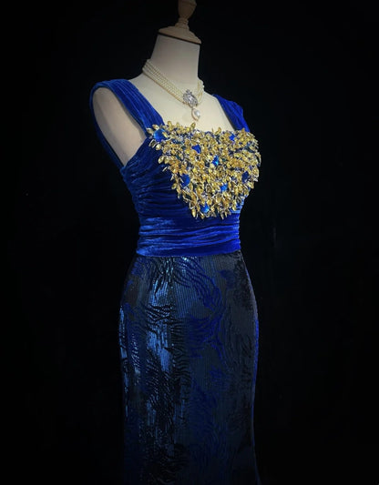 Gorgeous Prom Dress Navy Blue Square Neck Pleated Mermaid Long Evening Dresses Gala Dress D2984