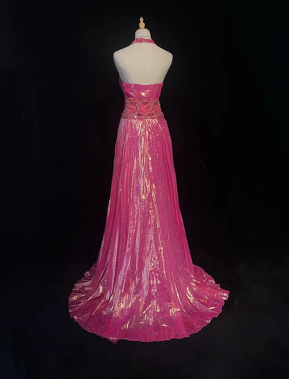 Shiny Prom Dress V-neck Pleated Crystal Long Evening Dresses Gala Dress Party Dresss D2989