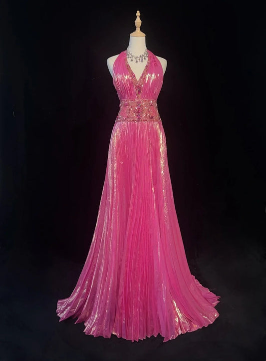 Shiny Prom Dress V-neck Pleated Crystal Long Evening Dresses Gala Dress Party Dresss D2989