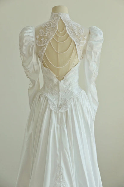 Elegant High Collar Backless Pearl Lace Wedding Dress D3000