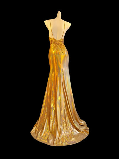 Shiny Prom Dress Gold Spaghetti Straps Pleated Slit Mermaid Evening Dresses Gala Dress D3044