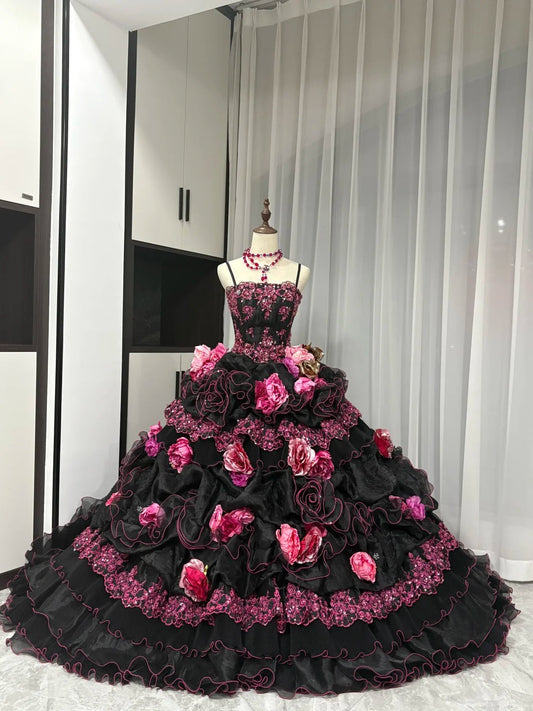 Stunning Prom Dress Spaghetti Straps Flower Ruffle Ball Gown Evening Dress Quinceanera Dress   D3051