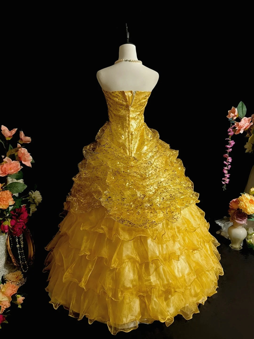 Shiny Prom Dress Gold Strapless Pleated Ruffle Ball Gown Evening Dress Gala Dress      D3064