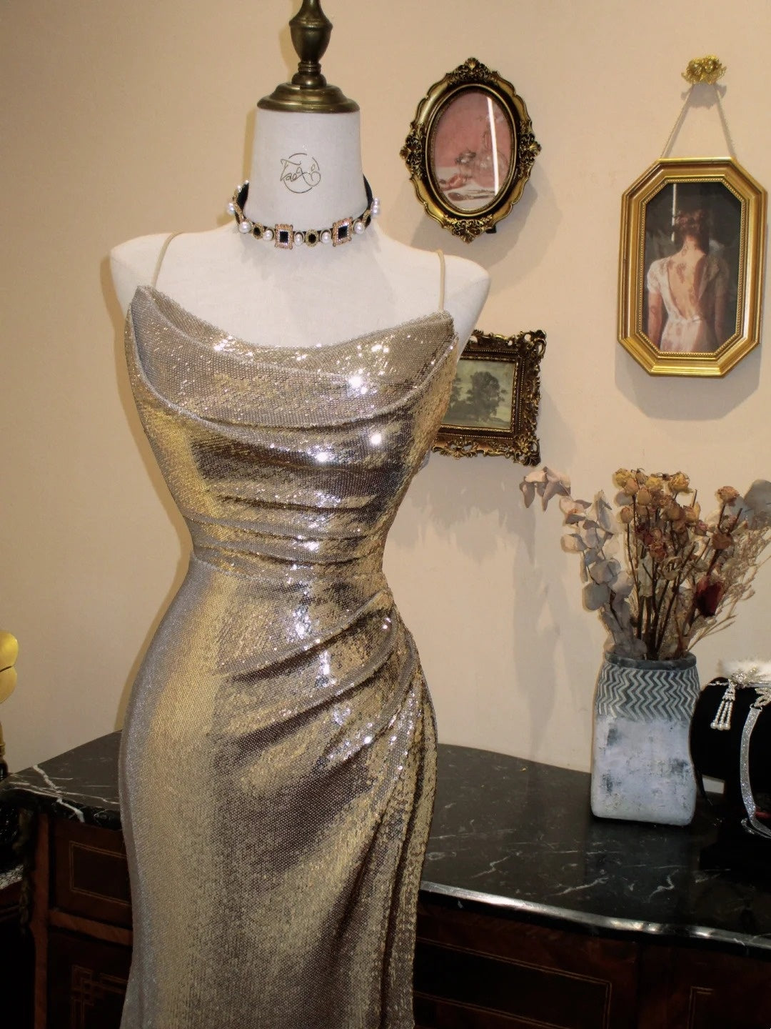 Shiny Prom Dress Spaghetti Straps Pleated Mermaid Evening Dress Gala Dress    D3072