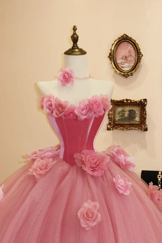 Sweet Prom Dress Hot Pink Strapless Flower Tulle Evening Dress Quinceanera Dress Ball Gown   D3082