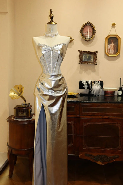 Shiny Prom Dress Sliver Sweetheart Slit Pleated Long  Evening Dress Gala Dress D3088