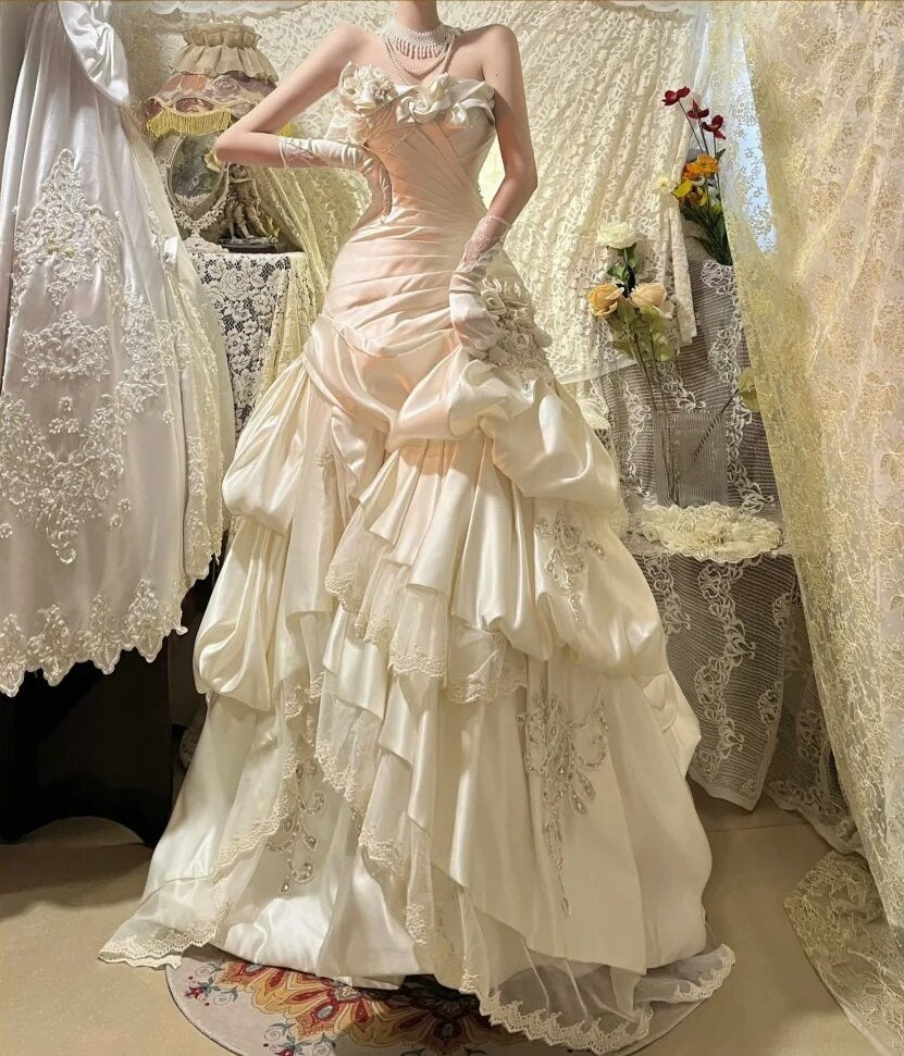 Charming Prom Dress Strapless Pleated Tiered Birthday Party Dress Evening Dress  D3091