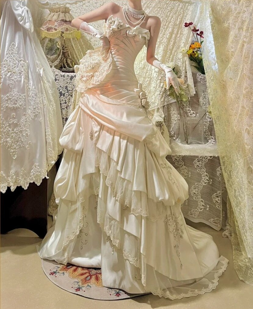 Charming Prom Dress Strapless Pleated Tiered Birthday Party Dress Evening Dress  D3091