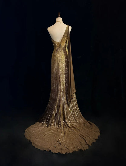 Shiny Prom Dress Gold One Shoulder Gala Dress Evening Dress    D3093
