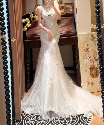 Elegant Crew Neck Lace Pleated Mermaid Wedding Dress D3116