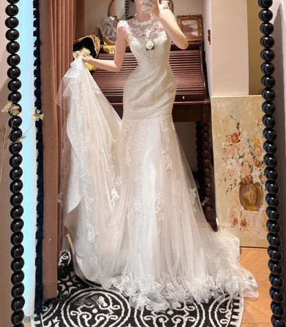 Elegant Crew Neck Lace Pleated Mermaid Wedding Dress D3116