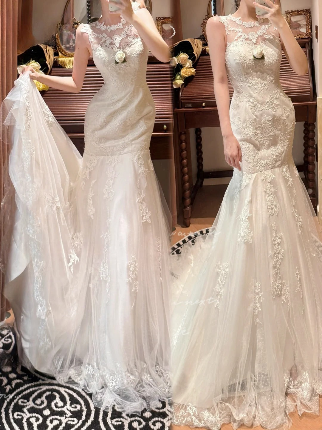 Elegant Crew Neck Lace Pleated Mermaid Wedding Dress D3116