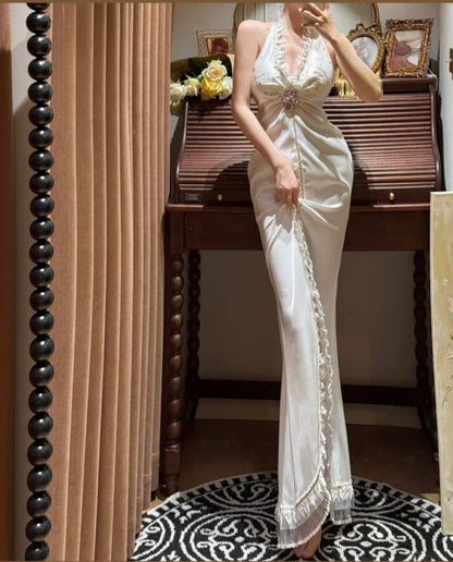 Elegant Halter Pleated Slit Wedding Dress D3124
