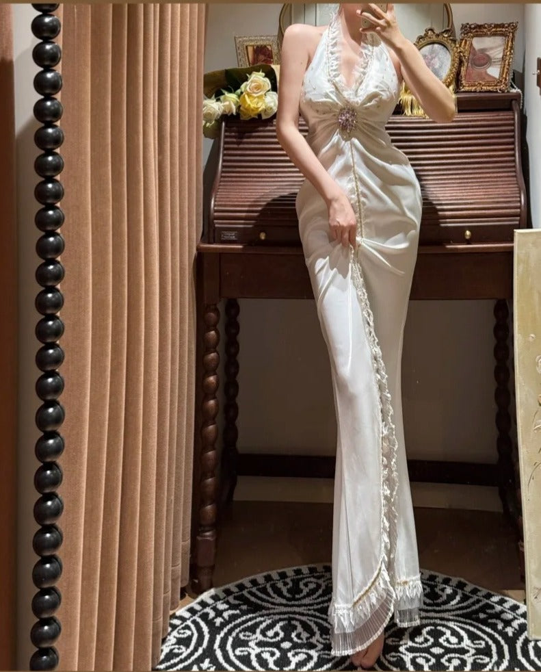 Elegant Halter Pleated Slit Wedding Dress D3124