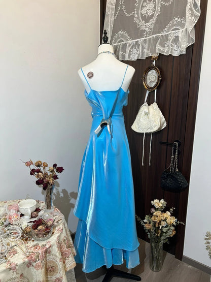 Shiny Prom Dress Blue A Line Spaghetti Straps Evening Dress Gala Dress   D3132