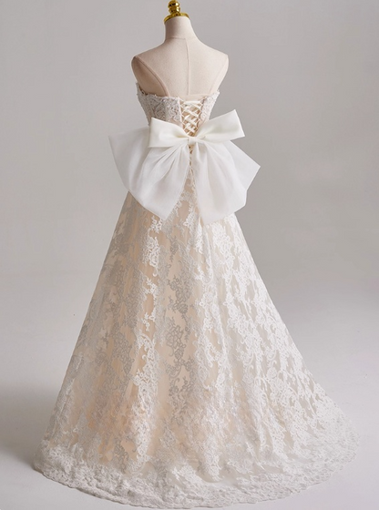 Elegant A Line Strapless Bowknot Lace Wedding Dress D3136