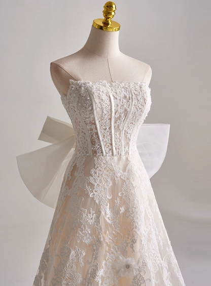 Elegant A Line Strapless Bowknot Lace Wedding Dress D3136