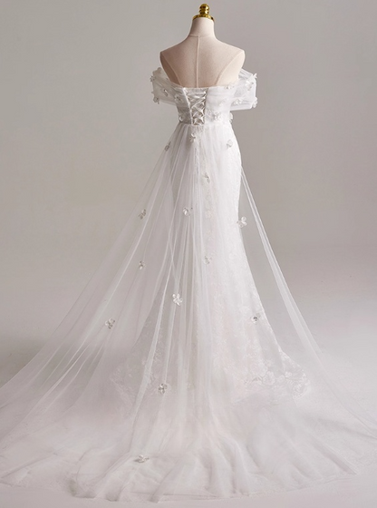 Charming Off Shoulder Floral Tulle Mermaid Wedding Dress D3140