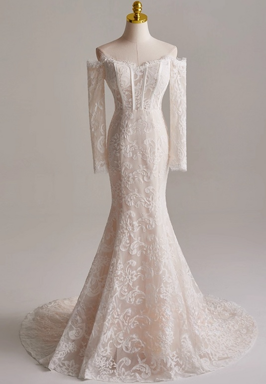 Charming Wedding Dress Off Shoulder Long Sleeve Mermaid Wedding Dress D3146