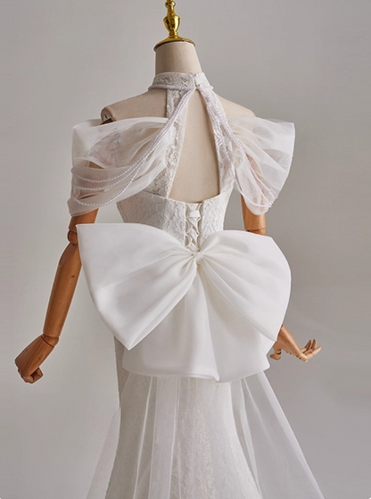 Pretty Long Sleeve Tulle Bowknot Mermaid Wedding Dress D3162
