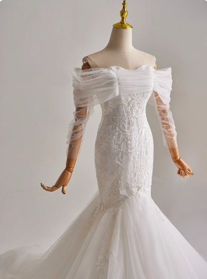 Elegant Off Shoulder Long Sleeve Tulle Pleated Mermaid Wedding Dress D3164