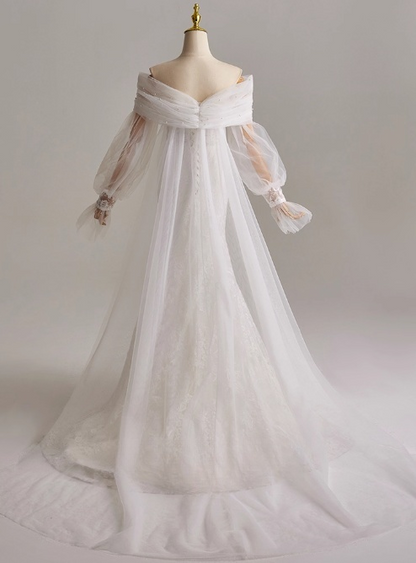 Elegant Off Shoulder Long Sleeve Pleated Tulle Mermaid Wedding Dress D3166