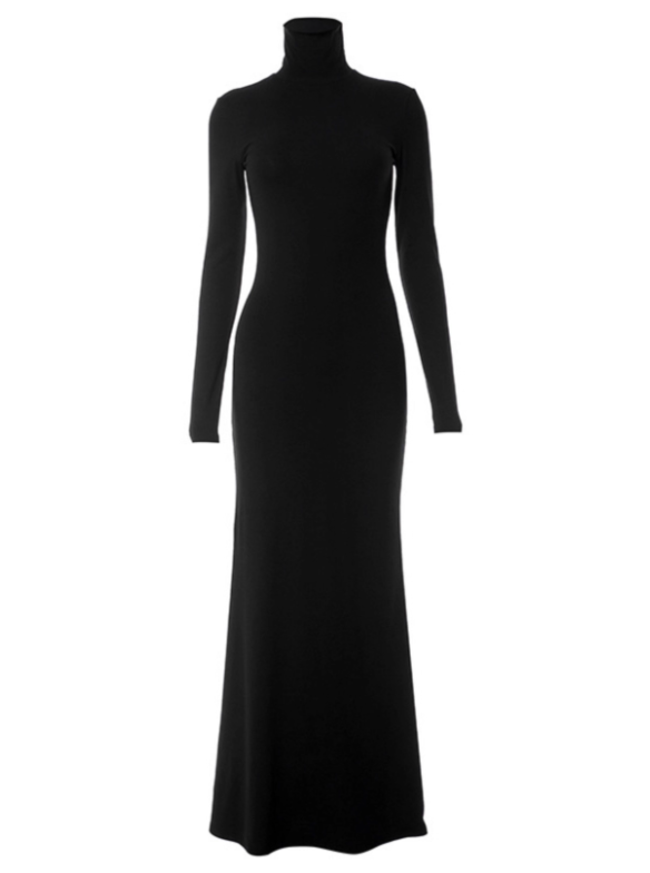 Minimalist Women Dress Black High Collar Casual Dress Daily Work Outfits   D3236