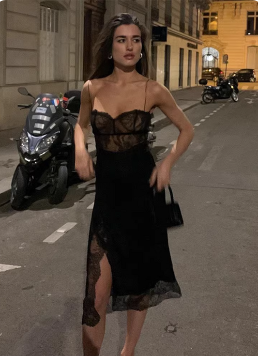 Sexy Women Dress Black Spaghetti Straps Lace Birthday Outfits Seaside Party Dress  D3240
