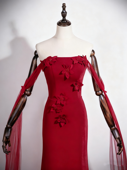 Gorgeous Prom Dress Wine Red Strapless Floral Mermaid Prom Dress   D3304