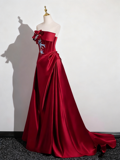 Pretty Prom Dress Wine Red A Line Strapless Pleated Prom Dress Evening Gown Gala Dress   D3308
