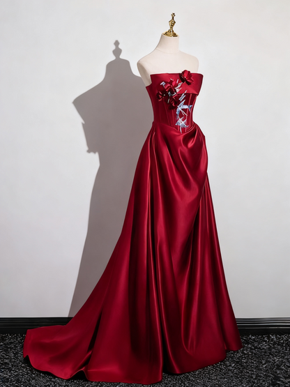 Pretty Prom Dress Wine Red A Line Strapless Pleated Prom Dress Evening Gown Gala Dress   D3308