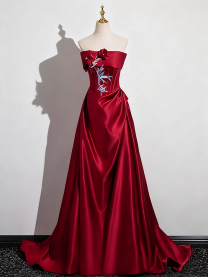 Pretty Prom Dress Wine Red A Line Strapless Pleated Prom Dress Evening Gown Gala Dress   D3308